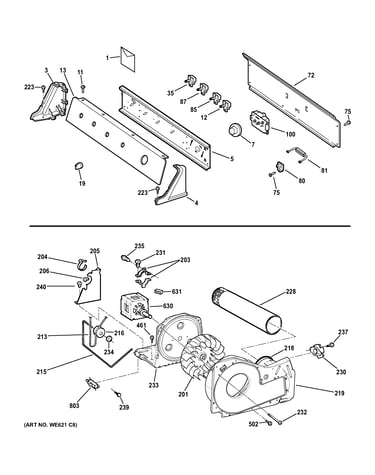 Backsplash, blower & motor assembly
