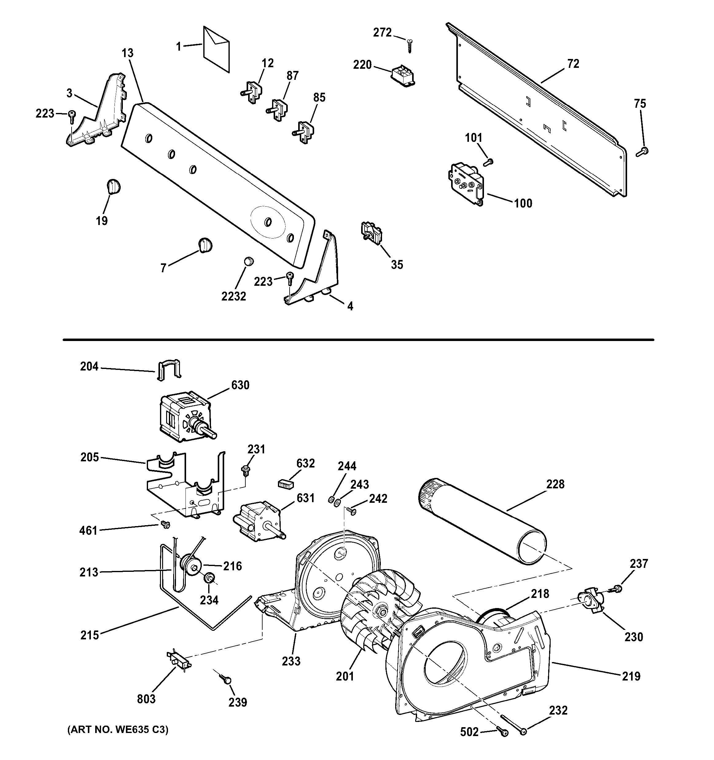 Backsplash, blower & motor assembly