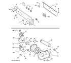 GE GTDL210ED0WW backsplash, blower & drive assembly diagram