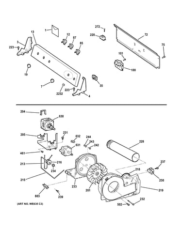 Backsplash, blower & motor assembly