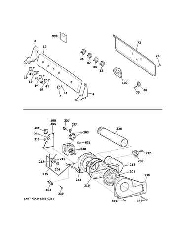 Backsplash, blower & motor assembly