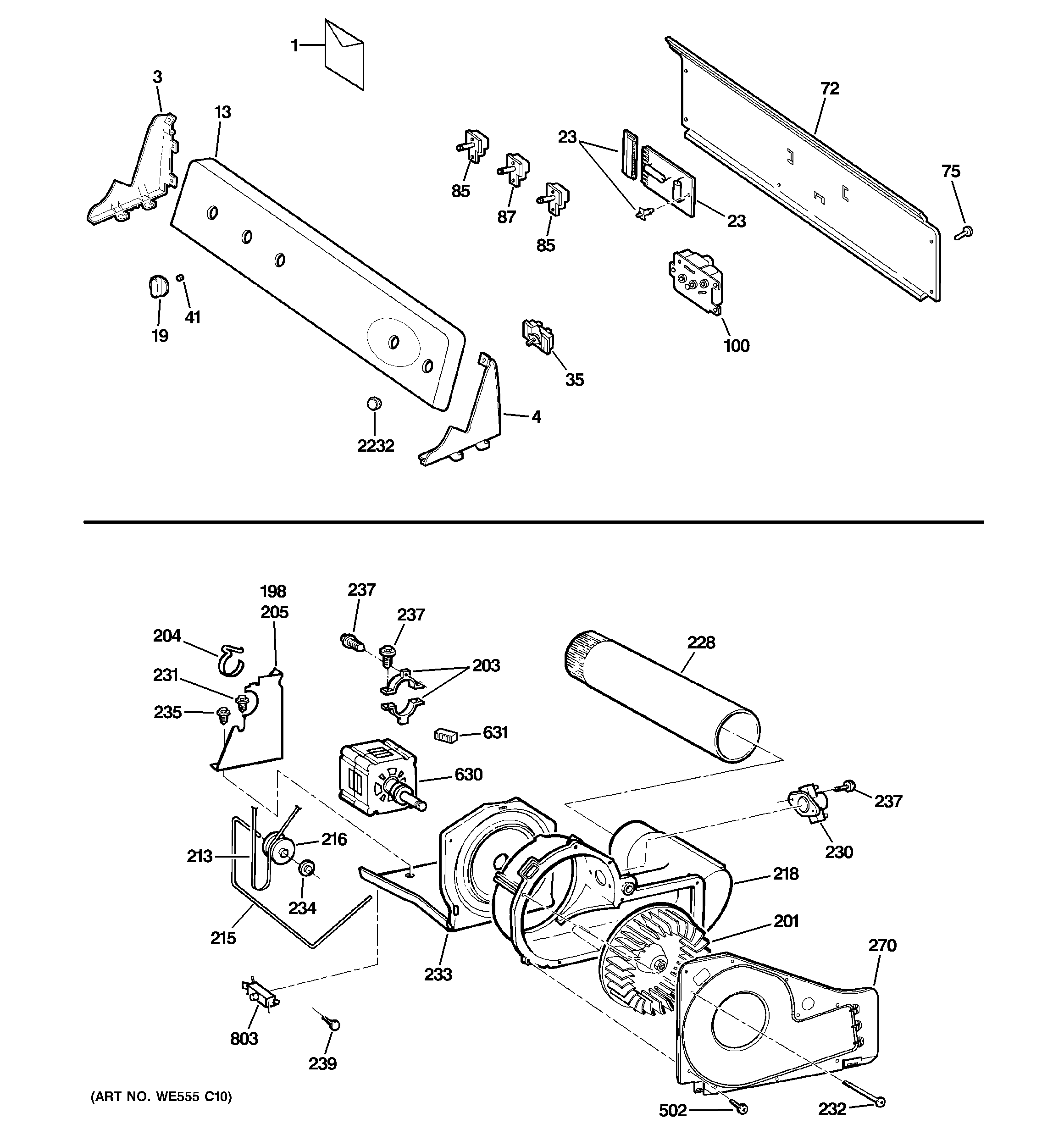 Backsplash, blower & motor assembly