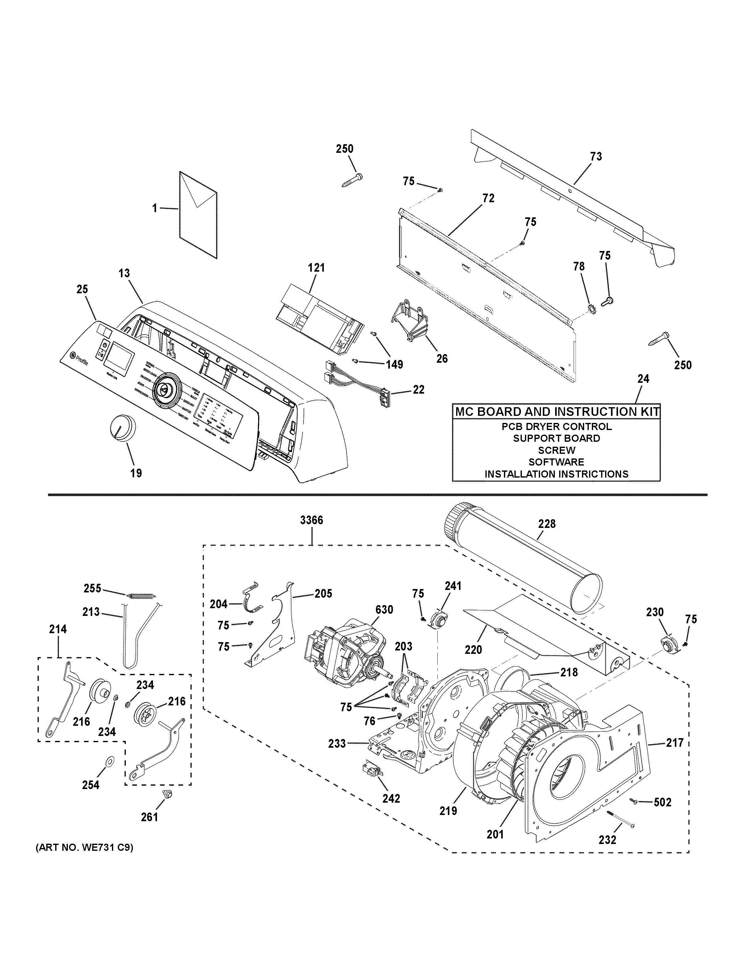Backsplash, blower & motor assembly