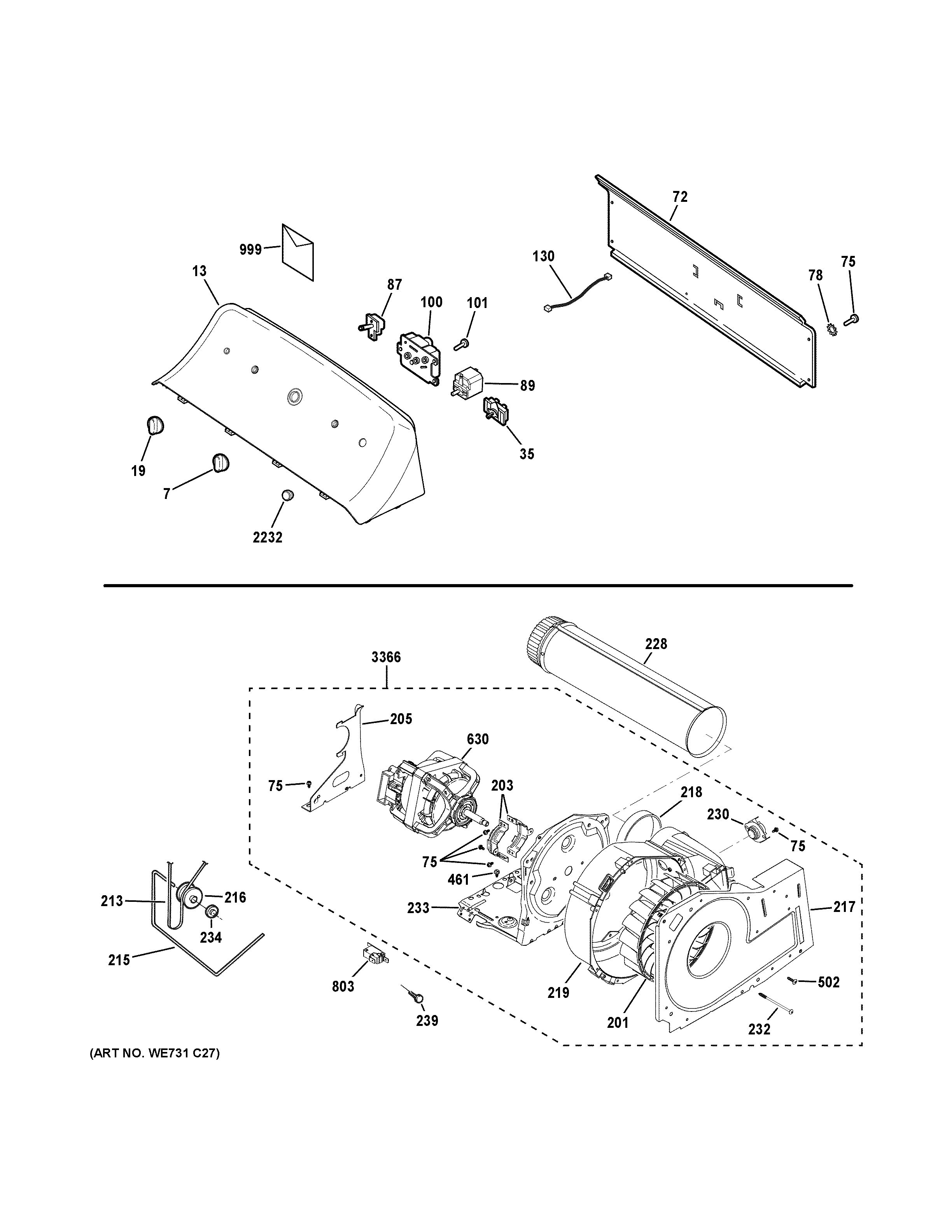 Backsplash, blower & motor assembly