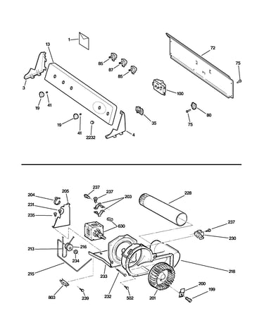 Backsplash, blower & motor assembly