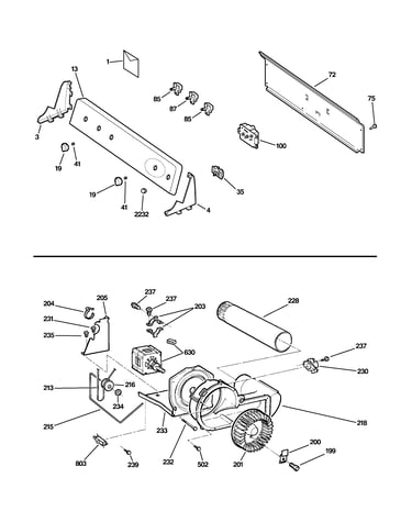 Backsplash, blower & motor assembly