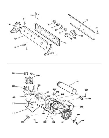 Backsplash, blower & motor assembly