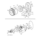 Hotpoint NJLR473GV0AA drum, duct, blower & drive asm. diagram