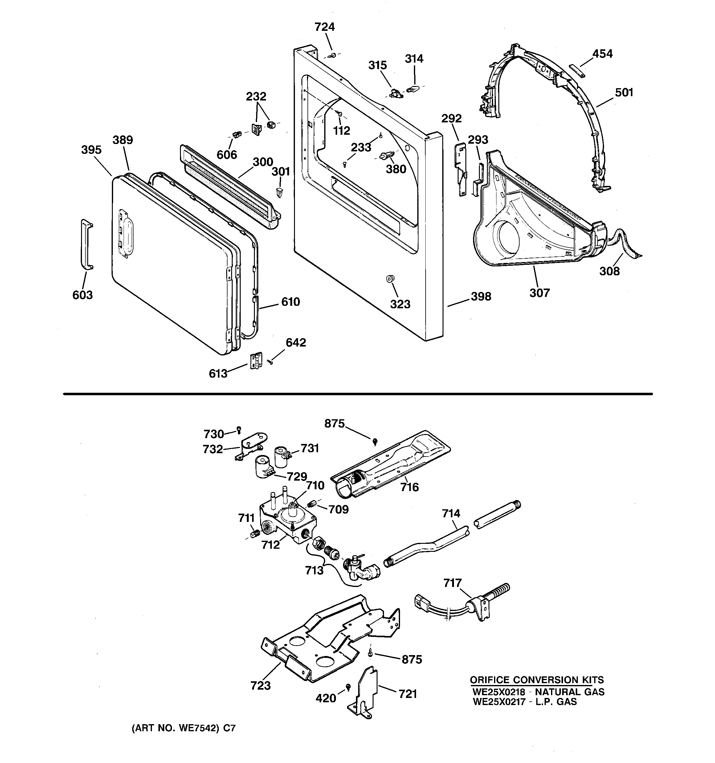 Cabinet front, gas valve & burner asm.