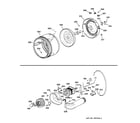 GE DVLR223EV0AA drum, heater asm., blower & drive assembly diagram