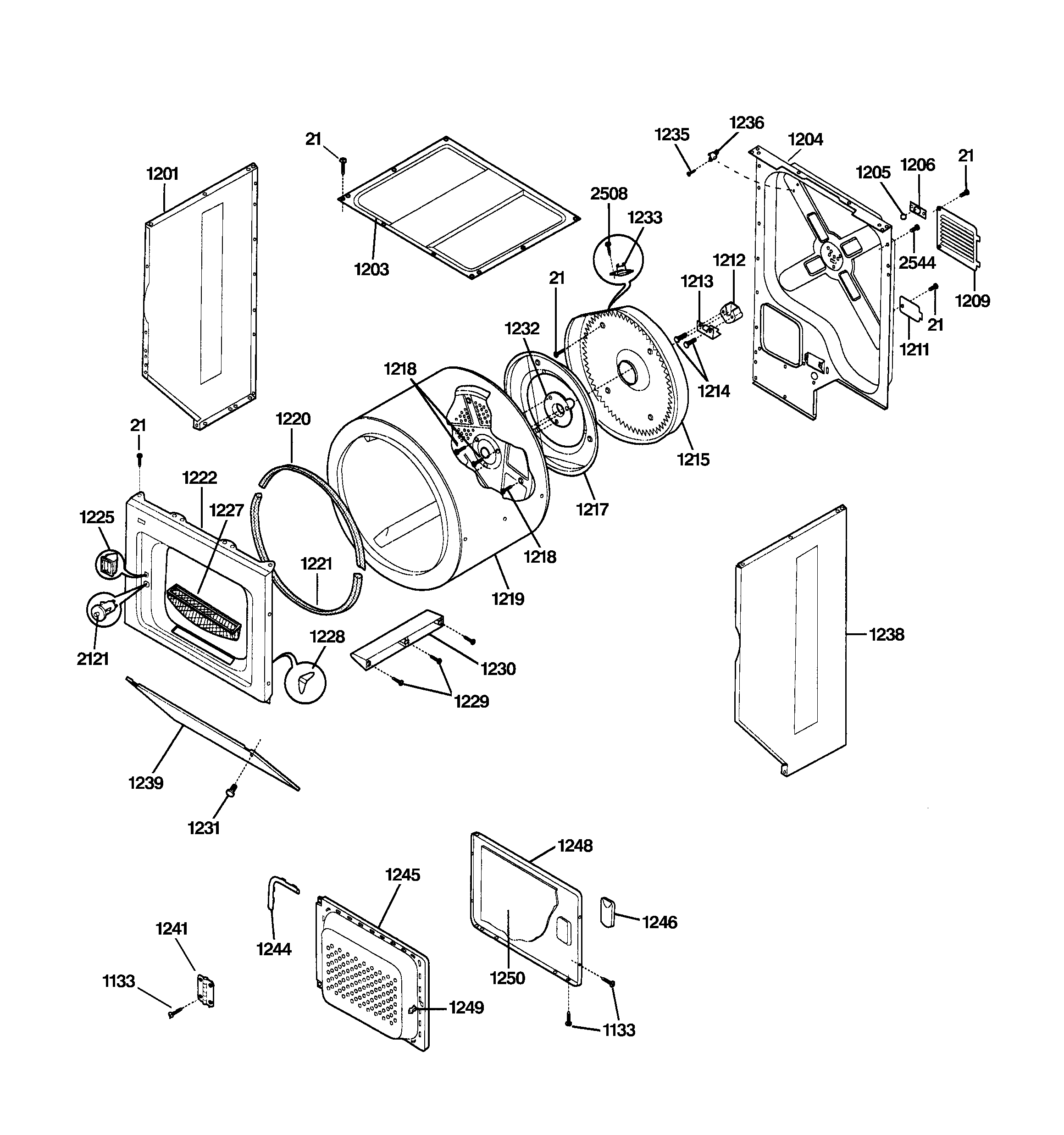 DRYER UPPER CABINET, DRUM & HEATER