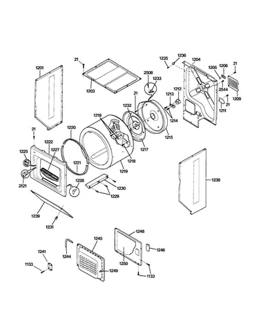 Dryer upper cabinet, drum & heater
