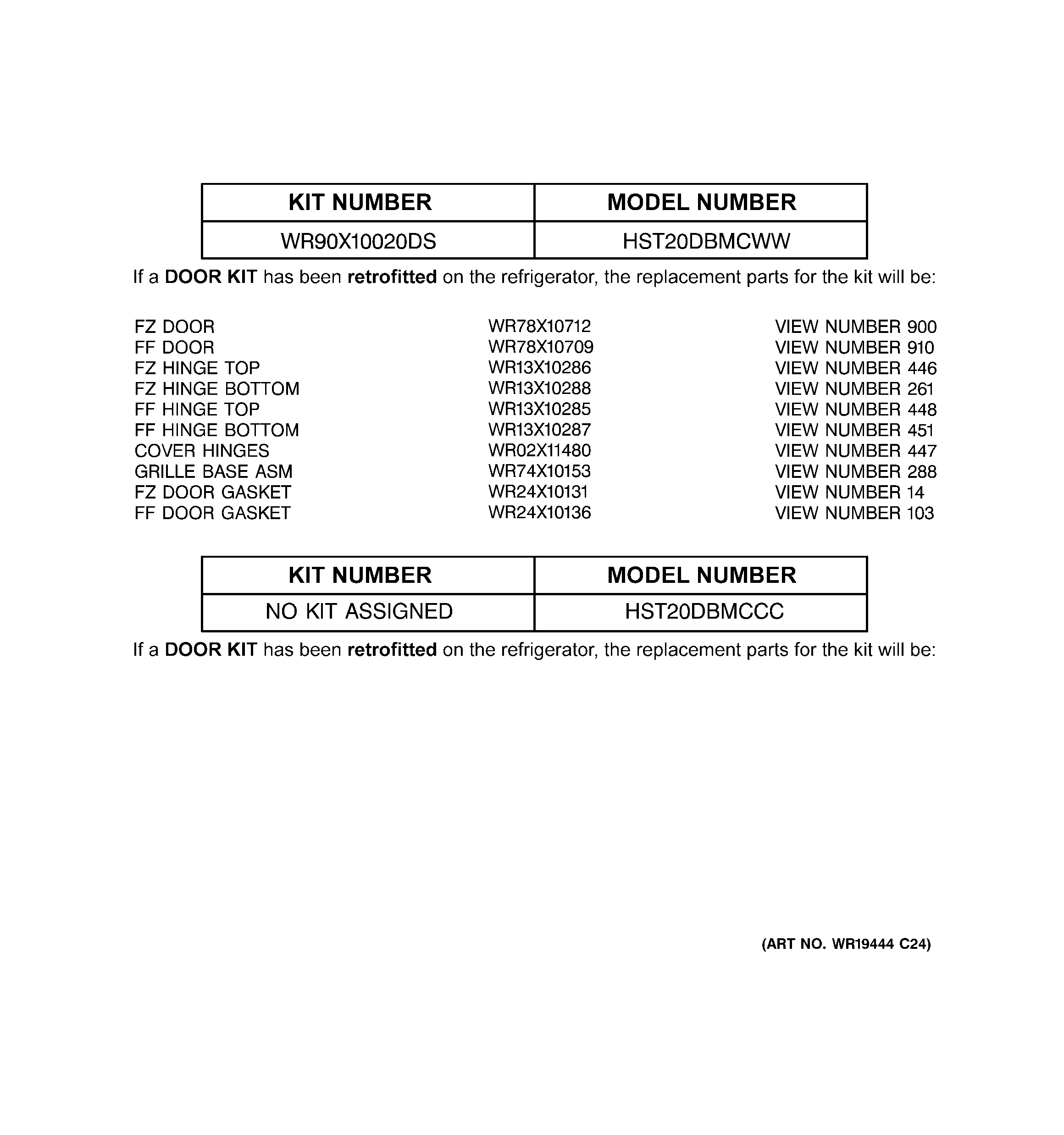 Replacement parts list