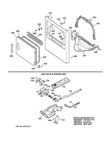 Front panel, door, gas valve & burn