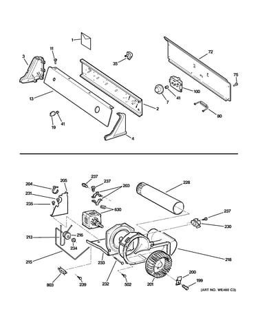 Backsplash, blower & motor assembly