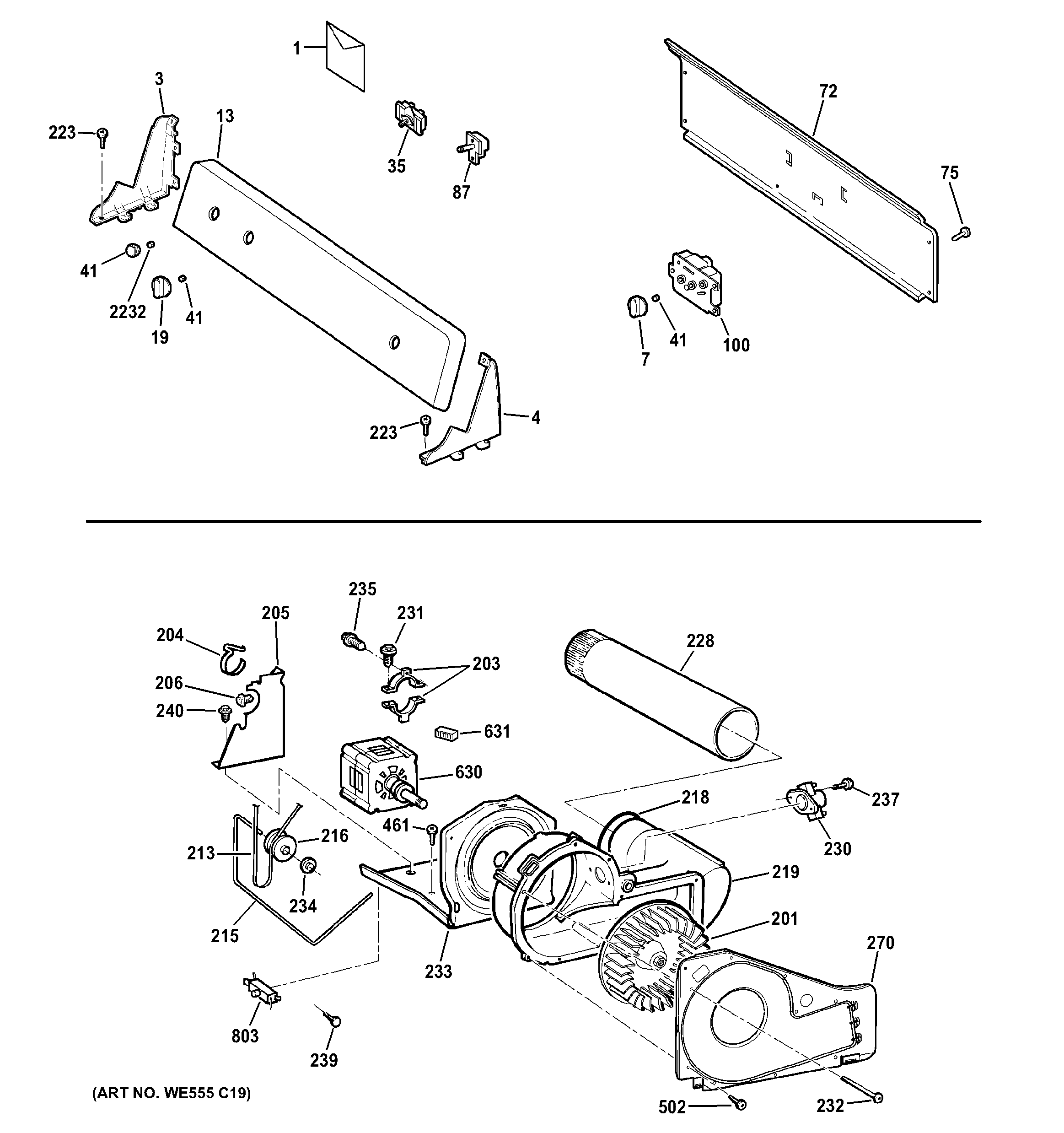 Backsplash, blower & motor assembly