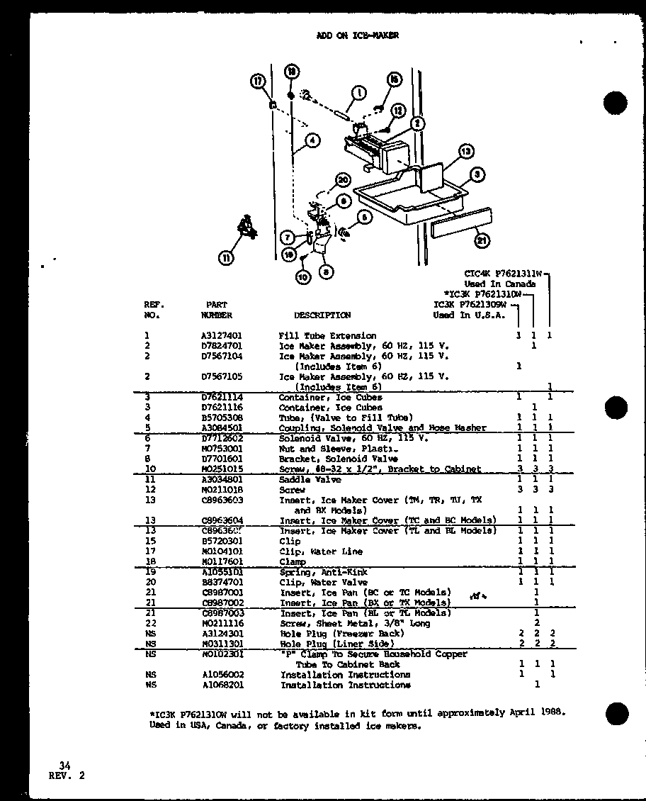 Add on ice-maker (ic3k/p7621309w) (ic3k/p7621310w) (cic4k/p7621311w)