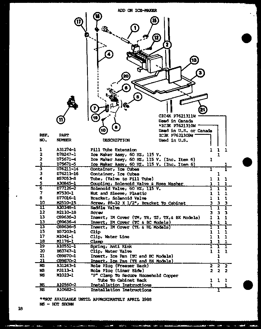 Add on ice-maker (ic3k/p7621309w) (ic3k/p7621310w) (cic4k/p7621311w)
