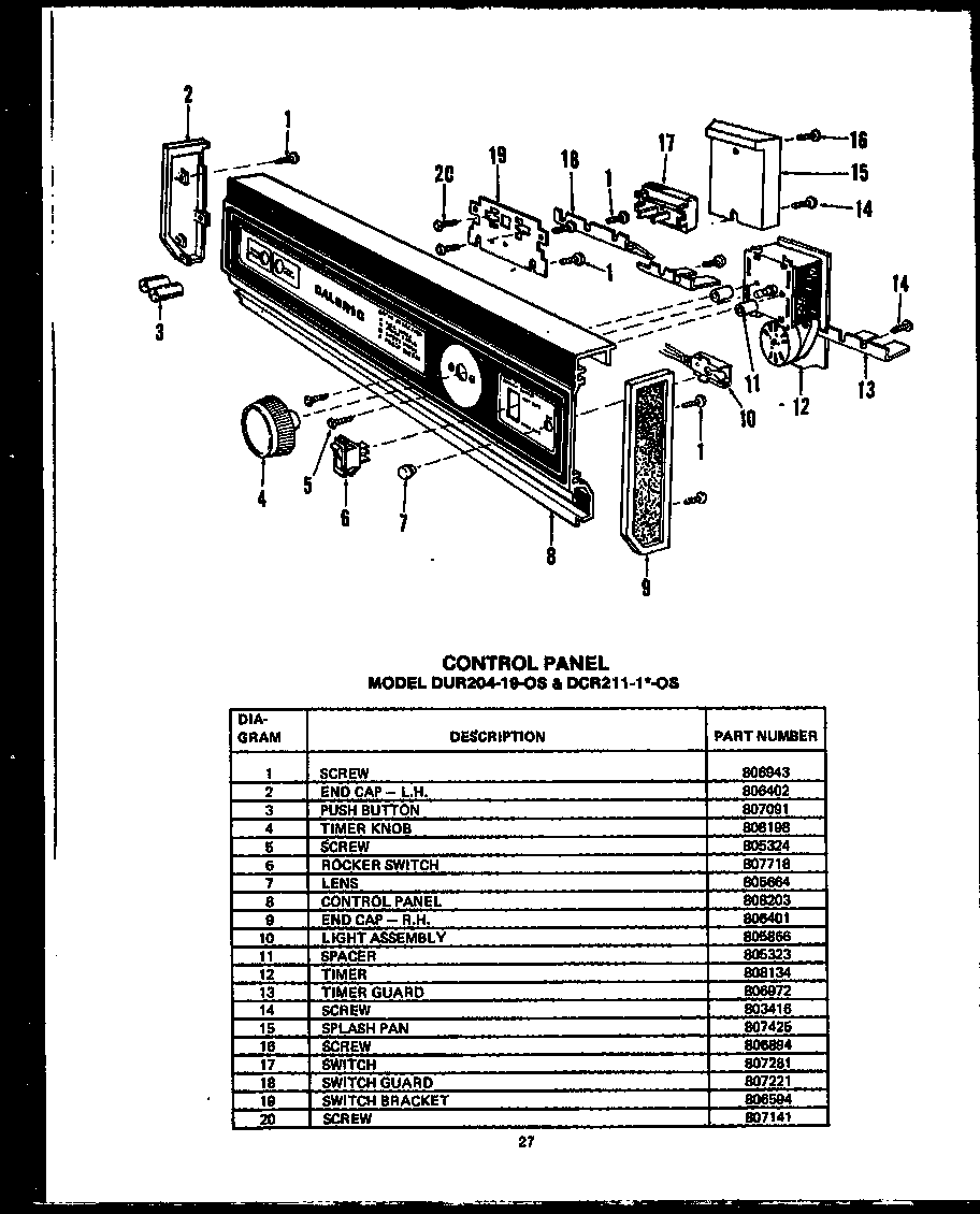 CONTROL PANEL (DUR204-19-OS) (DCR211-1D-OS) (DCR211-1F-OS) (DCR211-1N-OS) (DCR211-1C-OS) (DCR211-1V-OS)