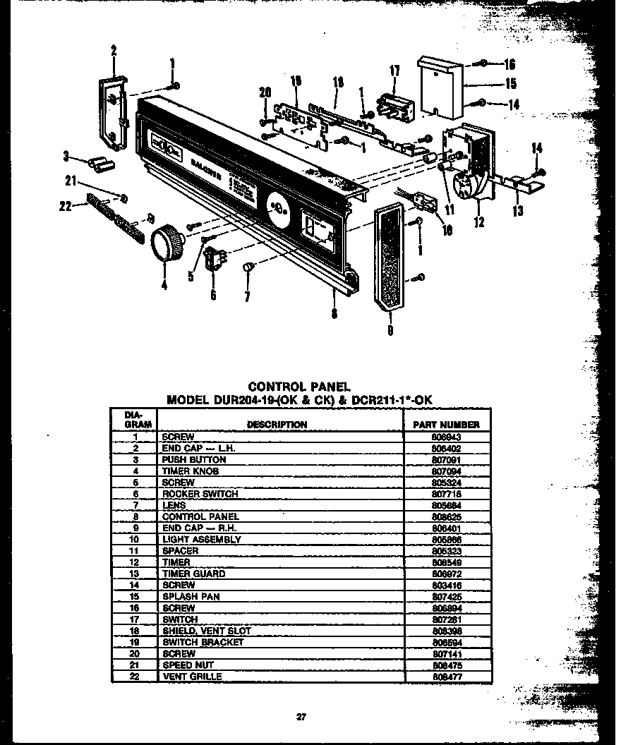 CONTROL PANEL (DUR-204-19-OK) (DUR-204-19-CK) (DCR-211-1D-OK) (DCR-211-1F-OK) (DCR-211-1N-OK) (DCR-211-1C-OK) (DCR-211-1V-OK)