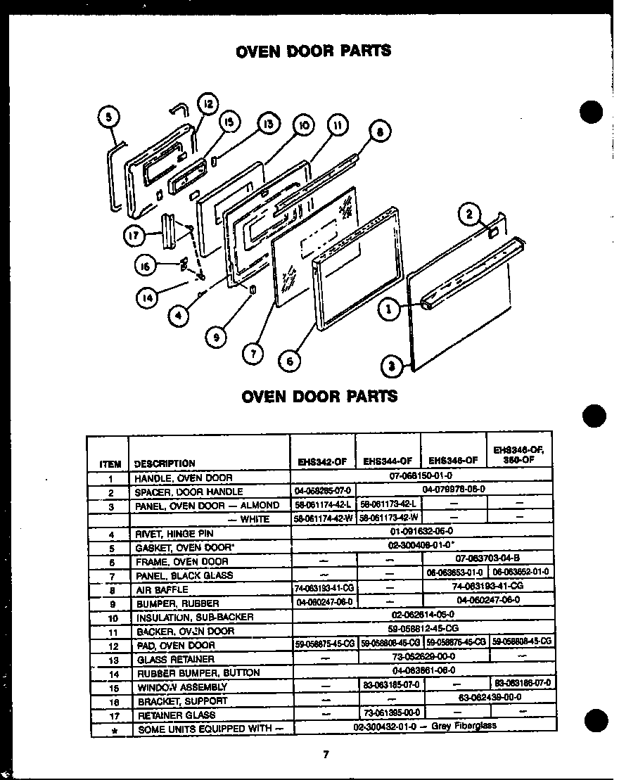 OVEN DOOR PARTS (EHS342-OF) (EHS344-OF) (EHS345-OF) (EHS346-OF) (EHS360-OF)