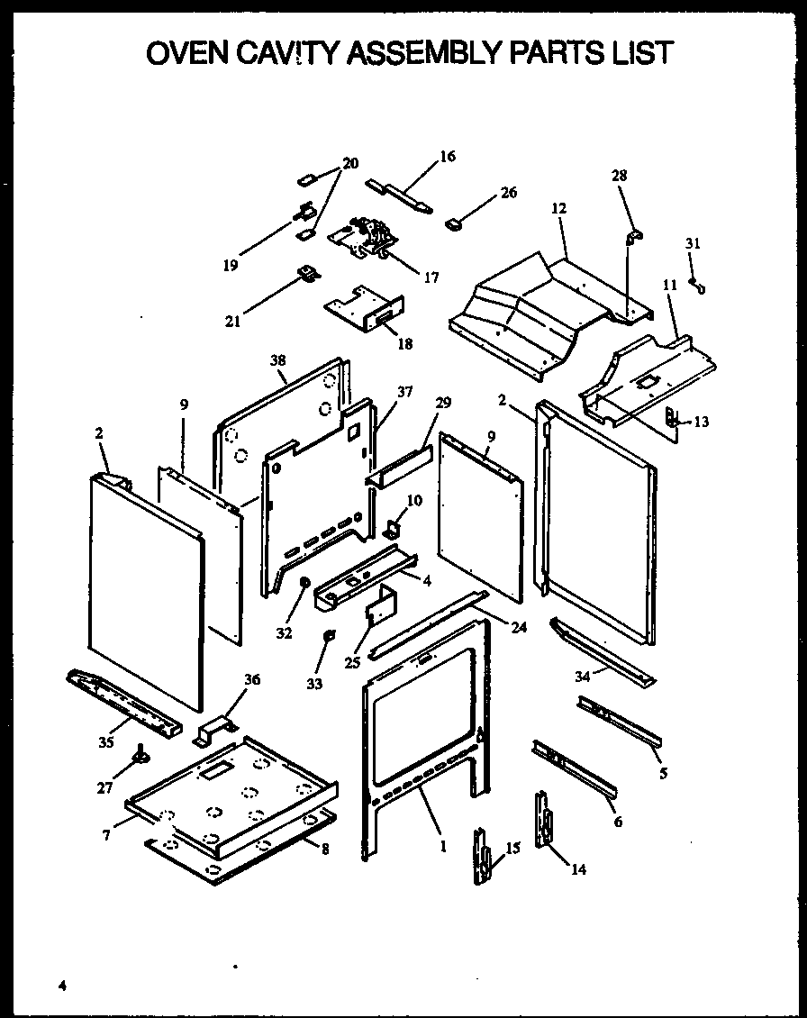 OVEN CAVITY ASSEMBLY PARTS LIST