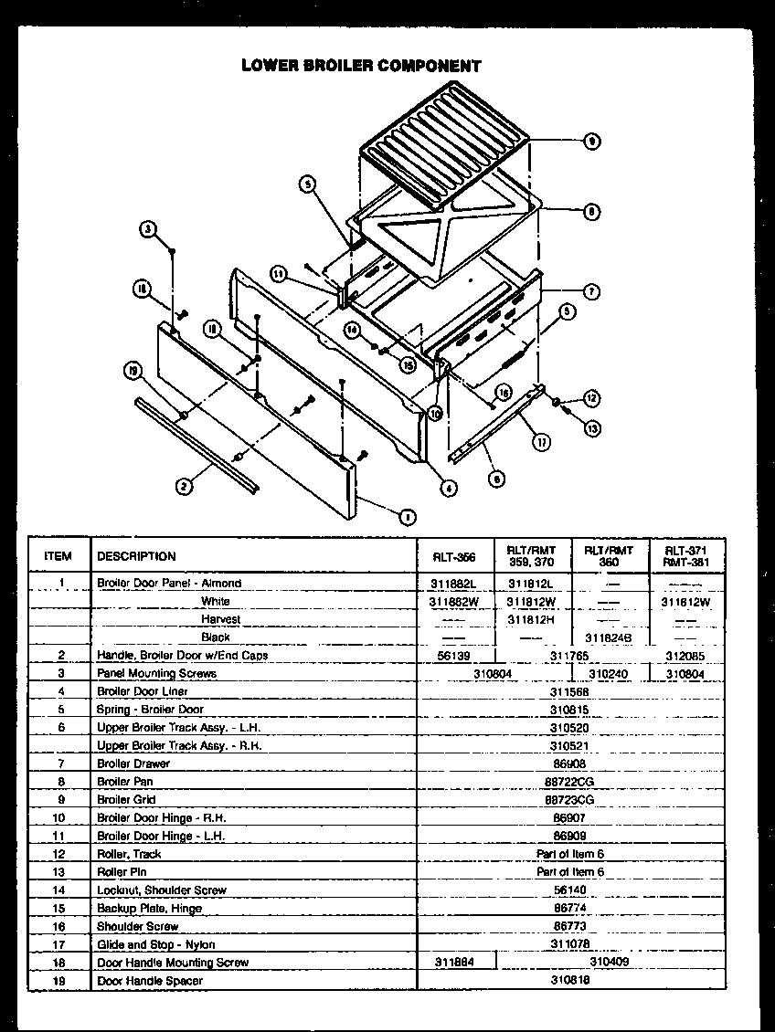 LOWER BROILER COMPONENT (RLT-356) (RLT-359) (RMT-359) (RMT-360) (RLT-380) (RLT-370) (RMT-370) (RLT-371) (RMT-381)