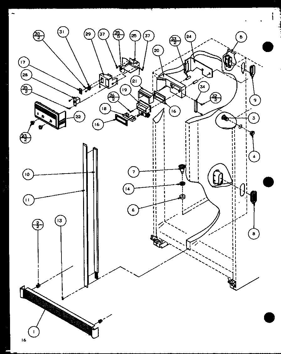 Refrigerator/freezer controls and cabinet parts