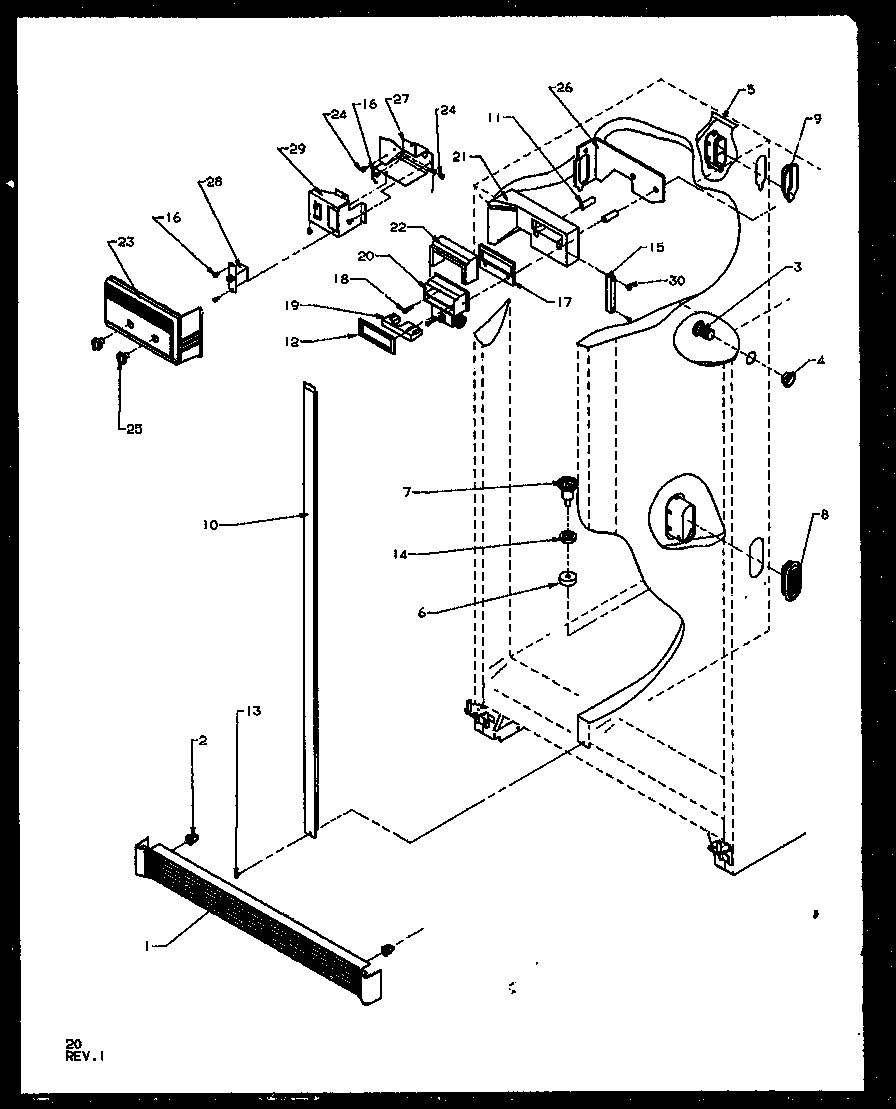 Refrigerator freezer controls and cabinet parts