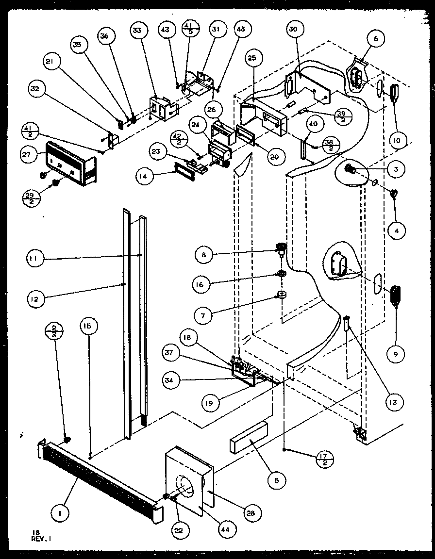 Refrigerator/freezer controls and cabinet parts