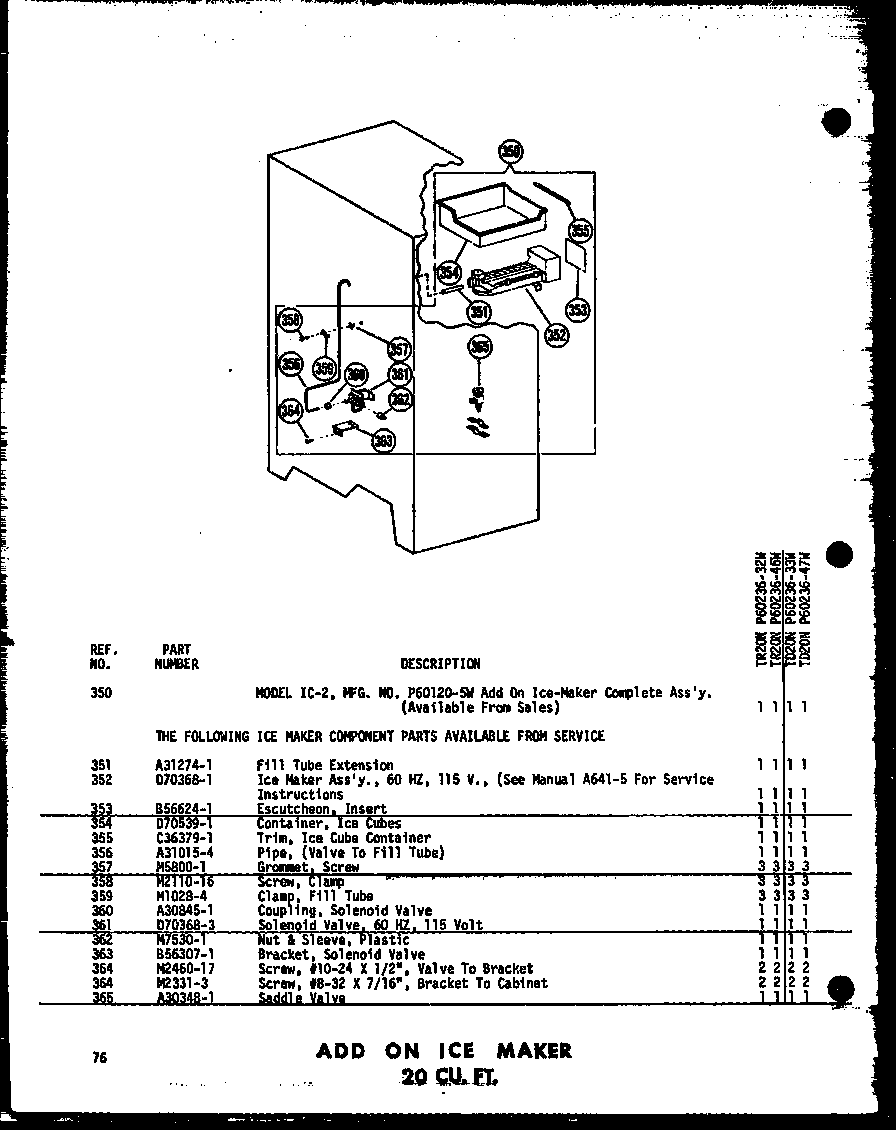 ADD ON ICE MAKER 20 CU. FT. (TR20N-C/P60236-32WC) (TR20N-A/P60236-32WA) (TR20N/P60236-32W) (TR20N-AG/P60236-32WG) (TR20N/P60236-46W) (TR20N-C/P60236-46WC) (TR20N-AG/P60236-46WG) (TR20N-A/P60236-46WA) (TD20N/P60236-33W) (TD20N-C/P60236-33WC) (TD20N-AG/P602