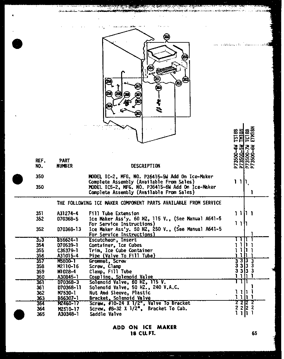 ADD ON ICE MAKER 18 CU. FT. (TS18B-C/P73500-4WC) (TS18B/P73500-4W) (TS18B-A/P73500-4WA) (TS18B-L/P73500-4WL) (TS18B-G/P73500-4WG) (TM18B-C/P73500-5WC) (TM18B/P73500-5W) (TM18B-A/P73500-5WA) (TM18B-L/P73500-5WL) (TM18B-G/P73500-5WG) (ETM18N-C/P73500-6WC) (
