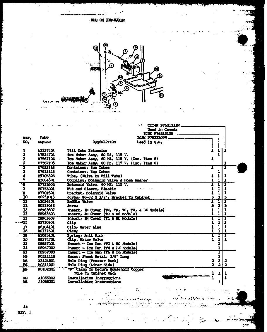 Add on ice-maker (ic3k/p7621309w) (ic3k/p7621310w) (cic4k/p7621311w)