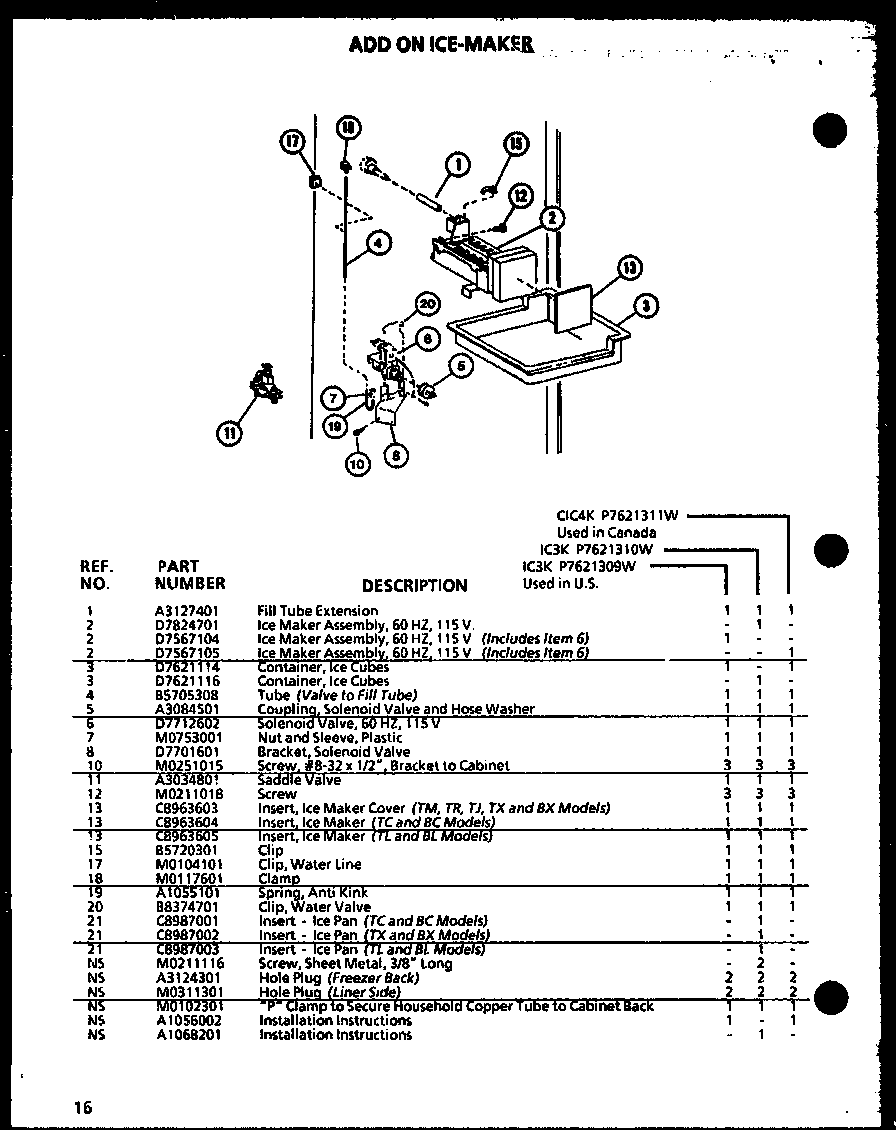 Add on ice-maker (ic3k/p7621309w) (ic3k/p7621310w) (cic4k/p7621311w)