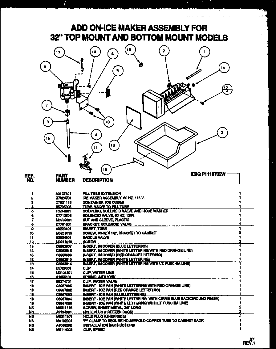 ADD ON-ICE MAKER ASSEMBLY FOR 32" TOP MOUNT AND BOTTOM MOUNT