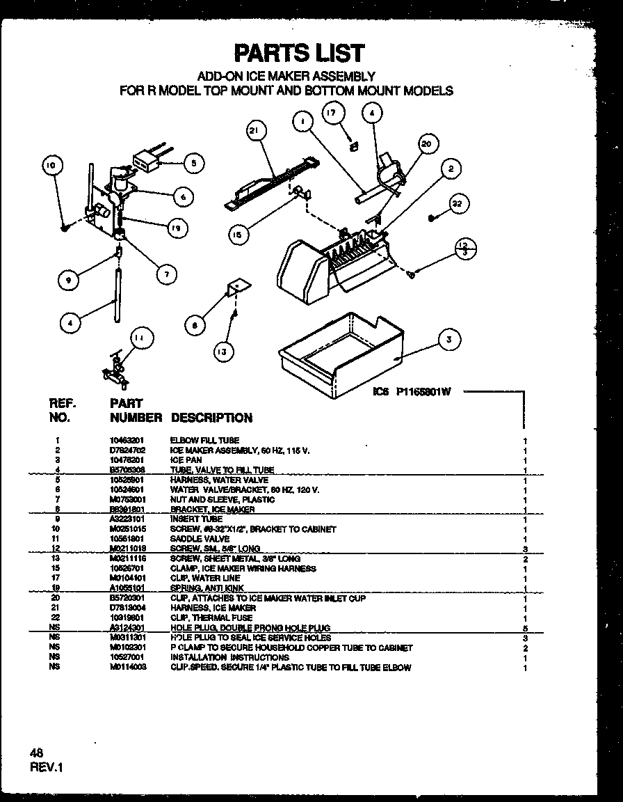 ADD-ON ICE MAKER ASSEMBLY FOR R MODEL TOP MOUNT AND BOTTOM M