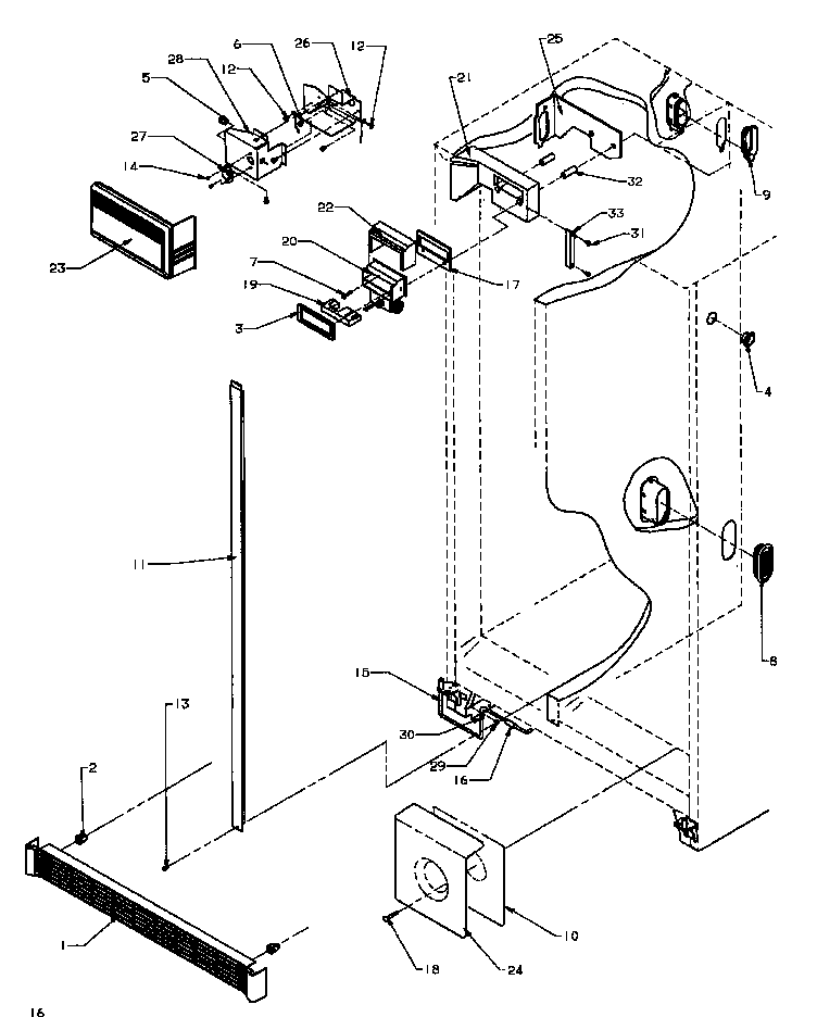 Refrigerator/freezer controls and cabinet parts