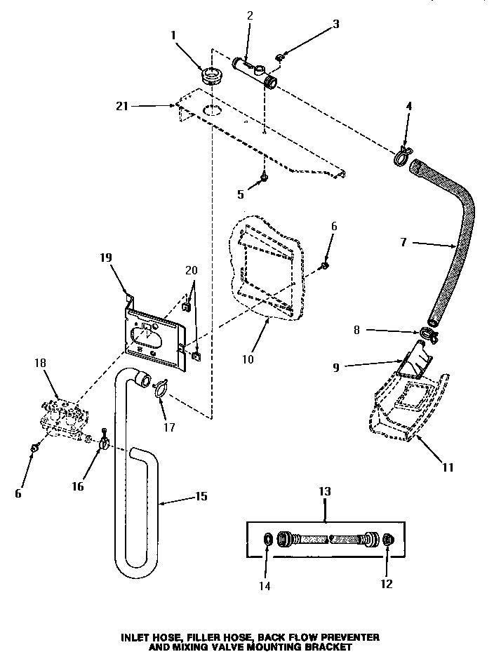 Inlet hose, filler hose, back flow preventer & bracket