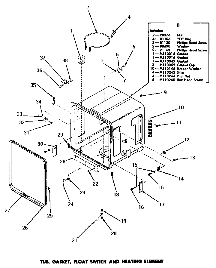 TUB, GASKET, FLOAT SWITCH & HEATING ELEMENT