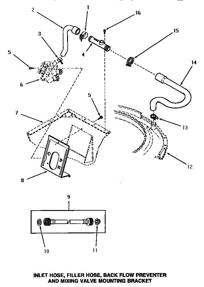 Inlet hose, filler hose, back flow preventer & bracket