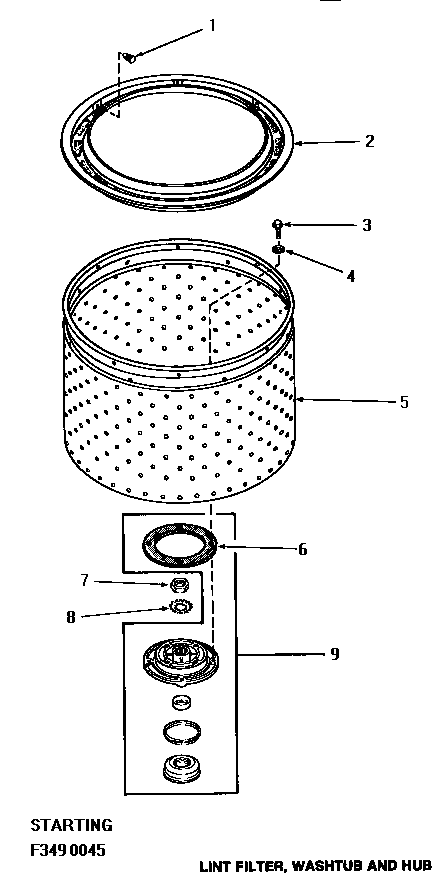 LINT FILTER, WASHTUB & HUB (STARTING SERIAL NUMBER F3490045 (HA3000) (HA3001) (HA4000) (HA4001) (HA4010) (HA4011) (HA4210) (HA4211) (HA4290) (HA4291) (HA4500) (HA4501) (HA4510) (HA4511) (HA4520) (HA4521) (HA4590) (HA4591) (HA5000) (HA5001) (HA5590) (HA559