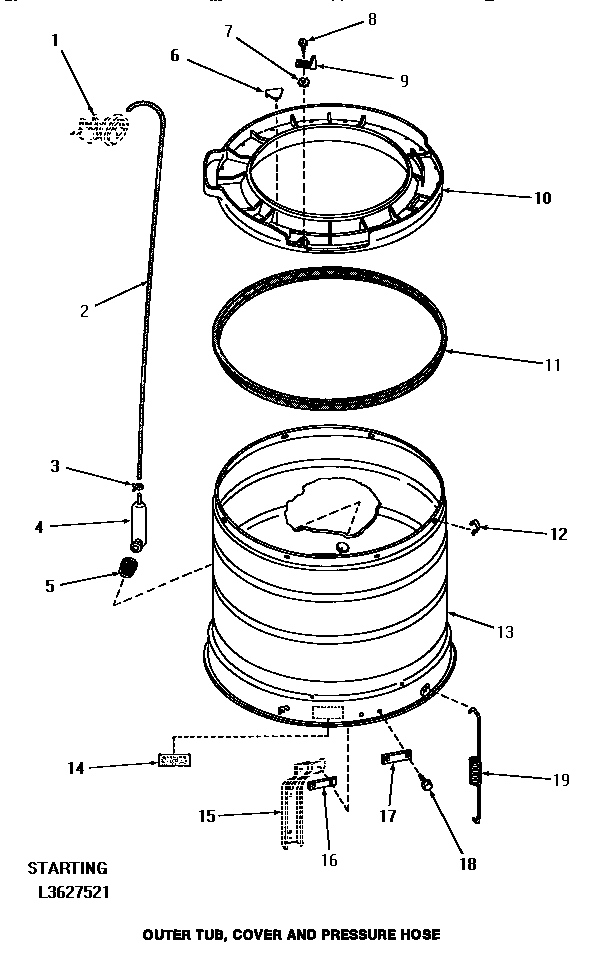 OUTER TUB, COVER & PRESSURE HOSE (STRT. SERIAL NO. L3627521 (HA3000) (HA3001) (HA4000) (HA4001) (HA4010) (HA4011) (HA4210) (HA4211) (HA4290) (HA4291) (HA4500) (HA4501) (HA4510) (HA4511) (HA4520) (HA4521) (HA4590) (HA4591) (HA5000) (HA5001) (HA5590) (HA559