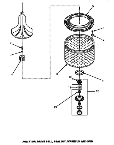 Agitator, drive bell, seal kit, washtub & hub (awm290l) (awm290w)