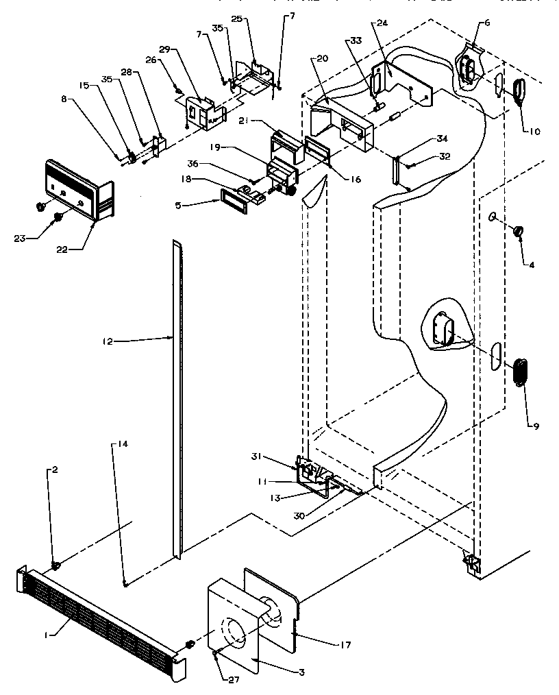 Refrigerator/freezer controls and cabinet parts