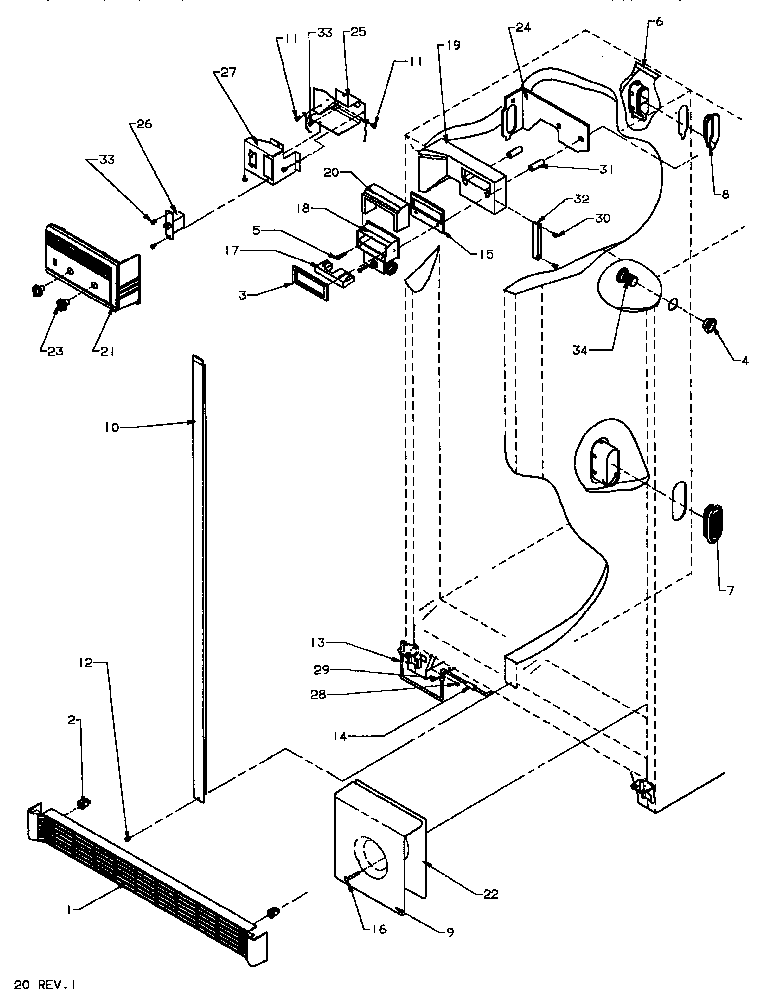 Refrigerator/freezer controls and cabinet parts