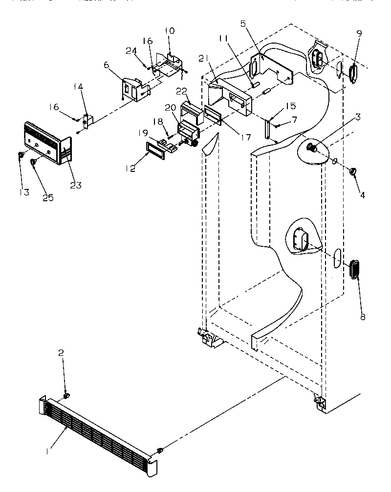 Refrigerator, freezer controls and cabinet