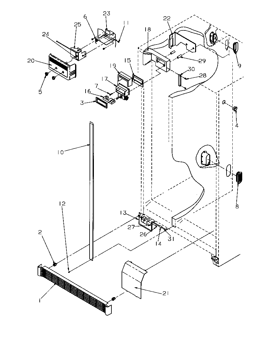 Refrigerator/freezer controls and cabinet parts