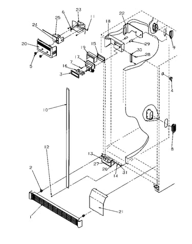 Refrigerator/freezer controls and cabinet parts