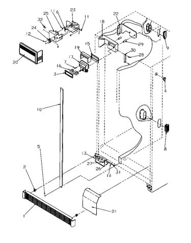 Refrigerator/freezer controls and cabinet parts
