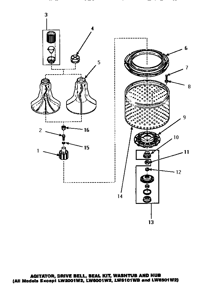 Agitator, drive bell, seal kit, washtub & hub